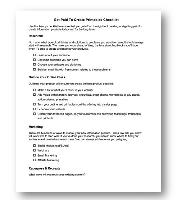 Get Paid to Create Printables Checklist