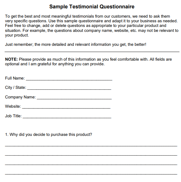 Testimonial Questionaire