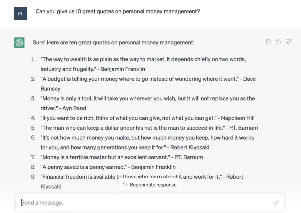 ChatGPT finds 10 quotes about money management